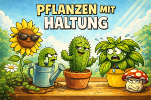 Comicartiges Archivbild der Reihe „Pflanzen mit Haltung“ mit mehreren witzig dargestellten Pflanzenfiguren und Titelzug über der Szene.